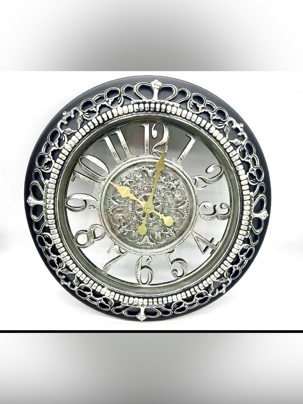 NEW 20” Roman Numeral Wall Clock, Battery Operated Silver & Black. Original Box
